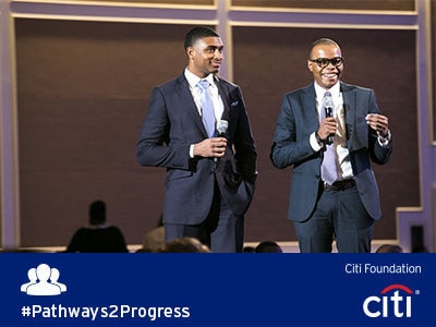 Richard Young (right) and his mentee Jeron Davis (left) present at the National Opportunity Summit 