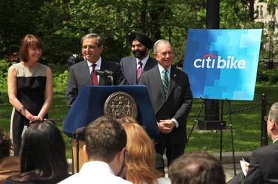 Citi CEO Vikram Pandit and NYC Mayor Michael Bloomberg announce new bike share program "Citi Bike"