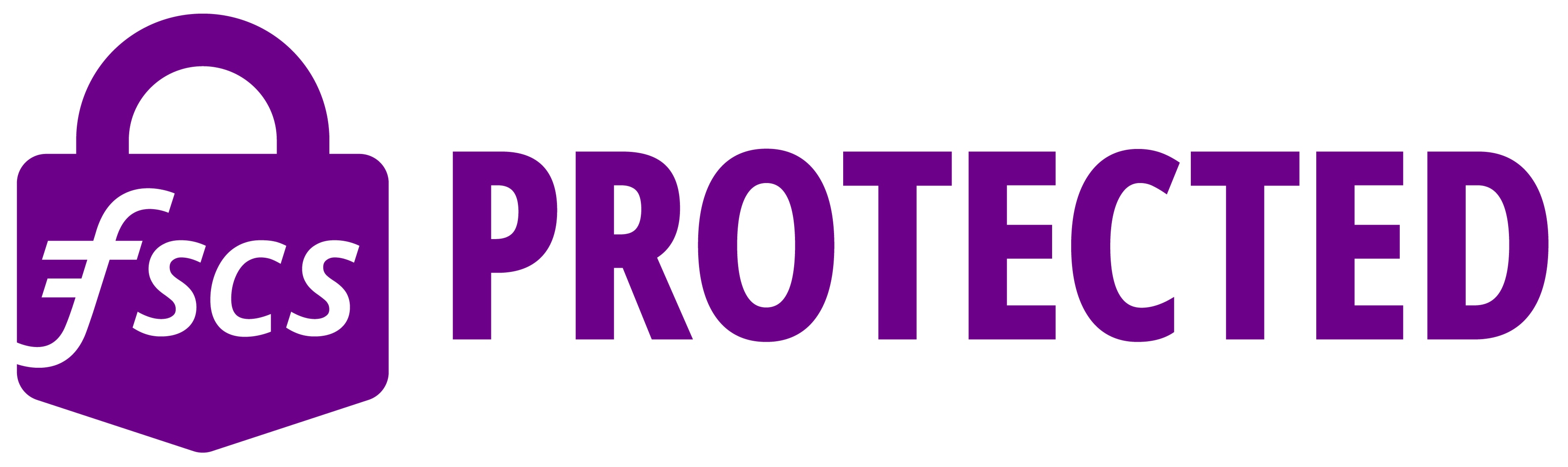 Landscape logo of the Financial Services Compensation Scheme (FSCS). It shows a purple padlock icon with the word fscs written on it, next to the word PROTECTED in purple.