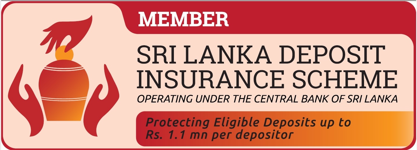 Display of membership with the Sri Lanka Deposit Insurance Scheme (SLDIS) and availability of Deposit Insurance Coverage. The membership logo graphic shows hands protecting a savings pot.