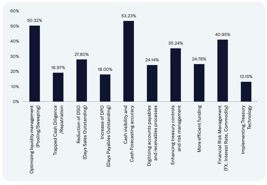 Cash forecasting and liquidity optimization remain core treasury focus