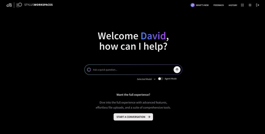 A screenshot of the Citi Stylus Workspaces personalized welcome screen for a user named David, showing the main interface elements.