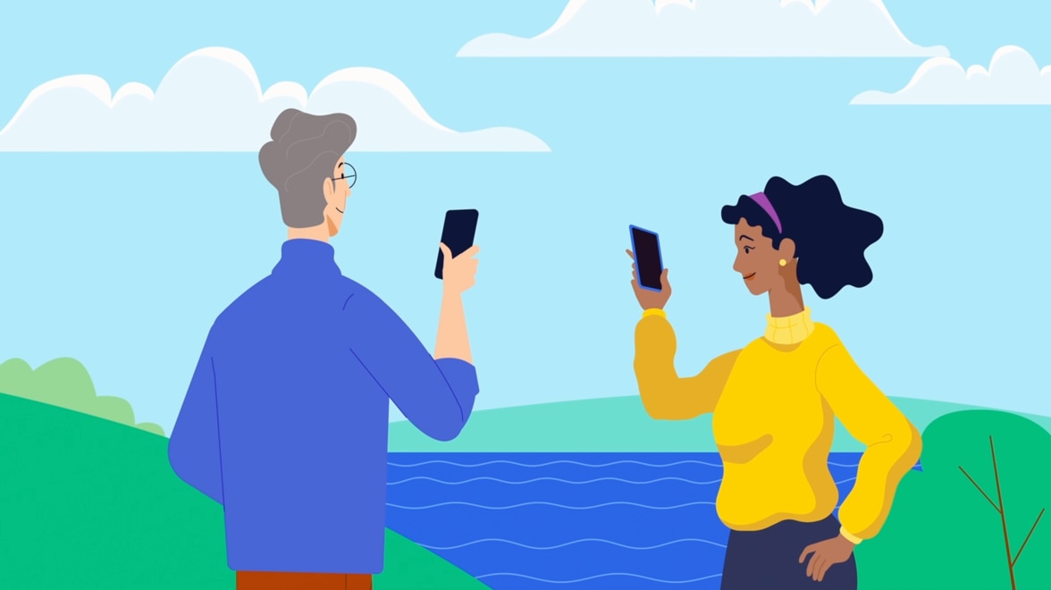 Graphic of two people outside with mobile phones in hand.