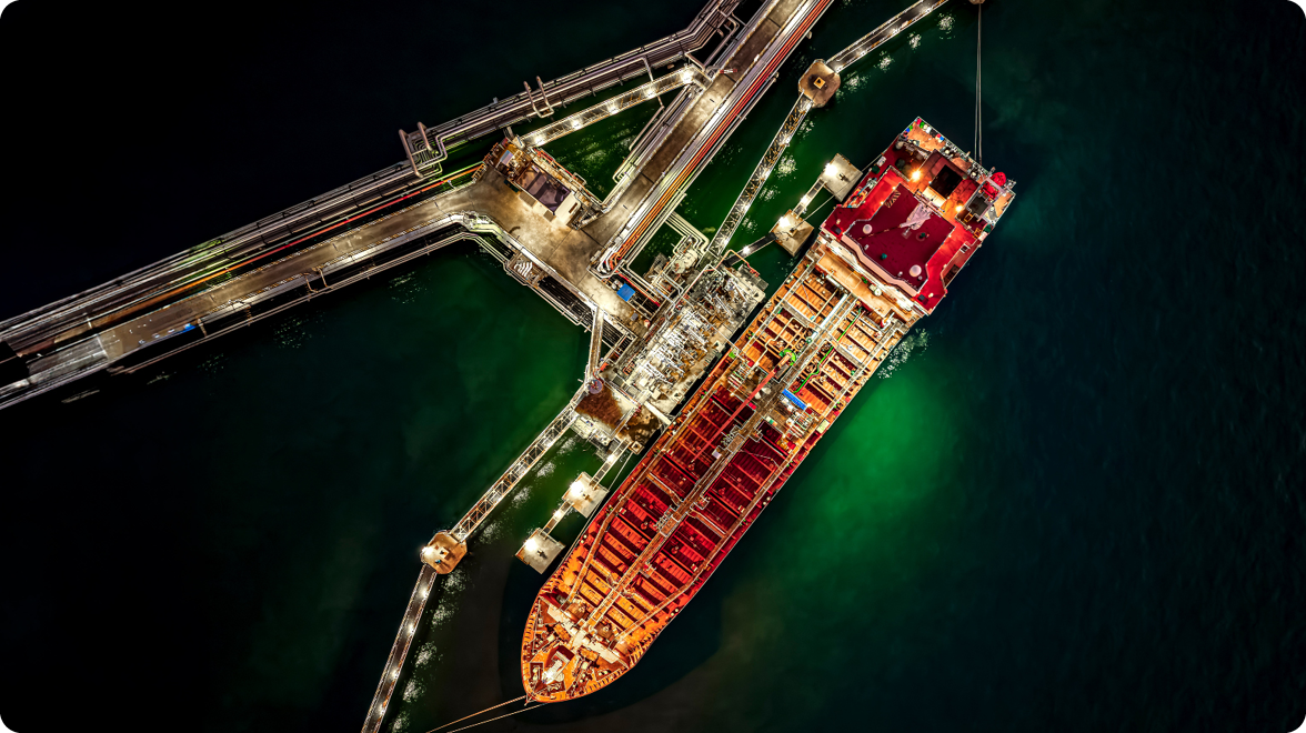 Arial view of boat with lights at night