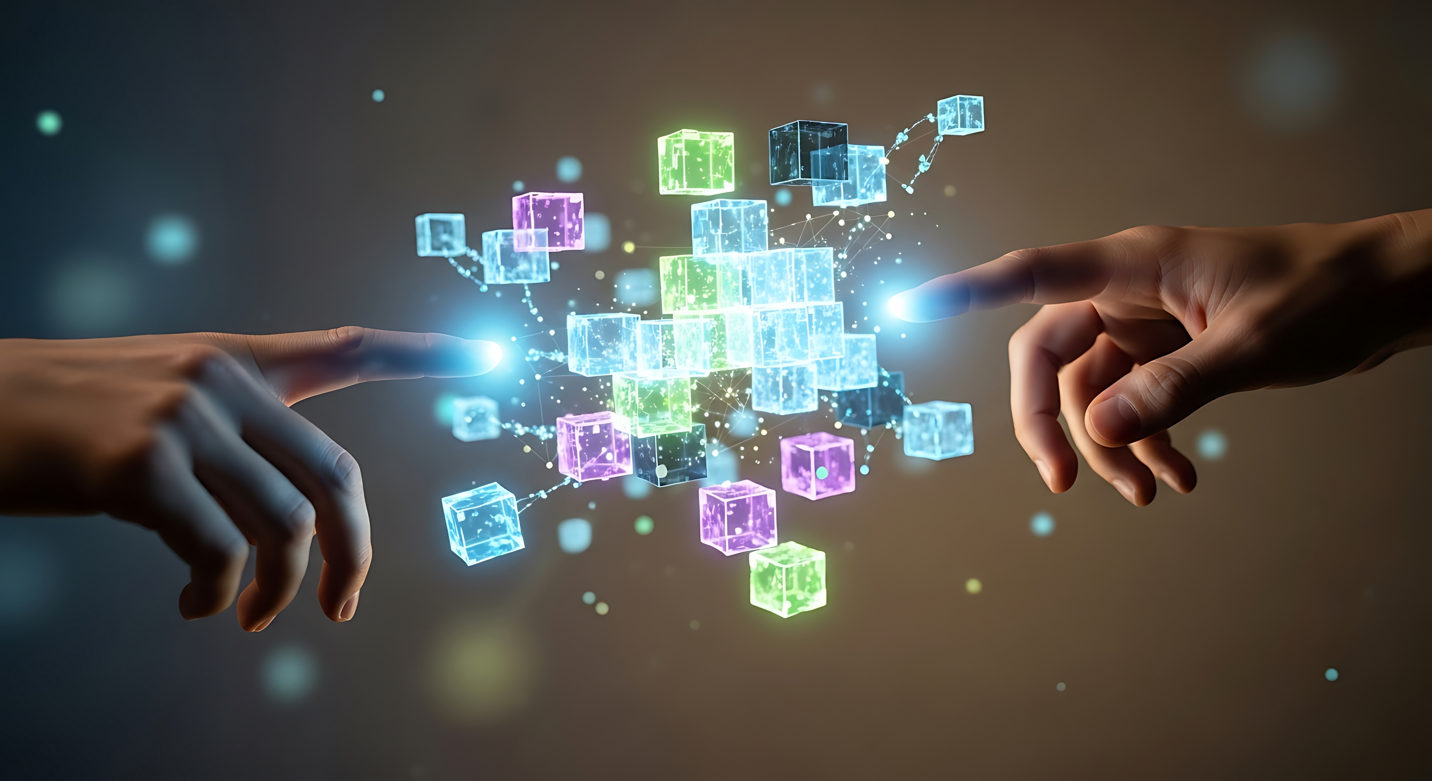 two hands meeting some multi color cubes in the middle. 