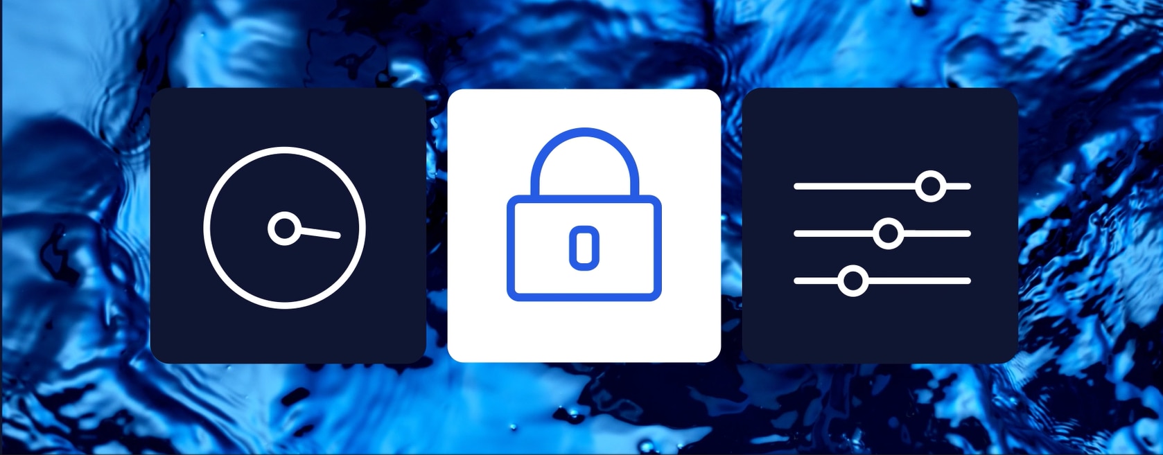 Icons in boxes over water graphic.