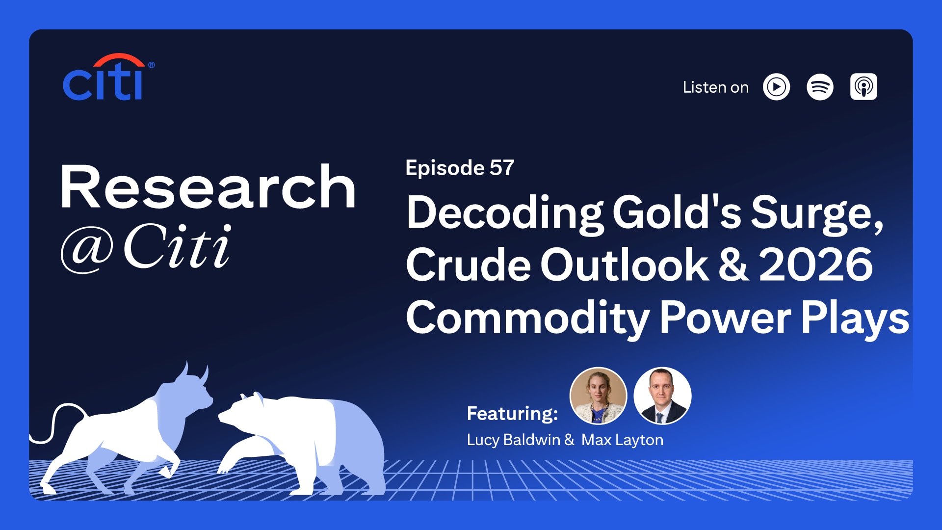 Citi logo, Research at Citi, Episode 57, episode title, speakers images, names, two bulls