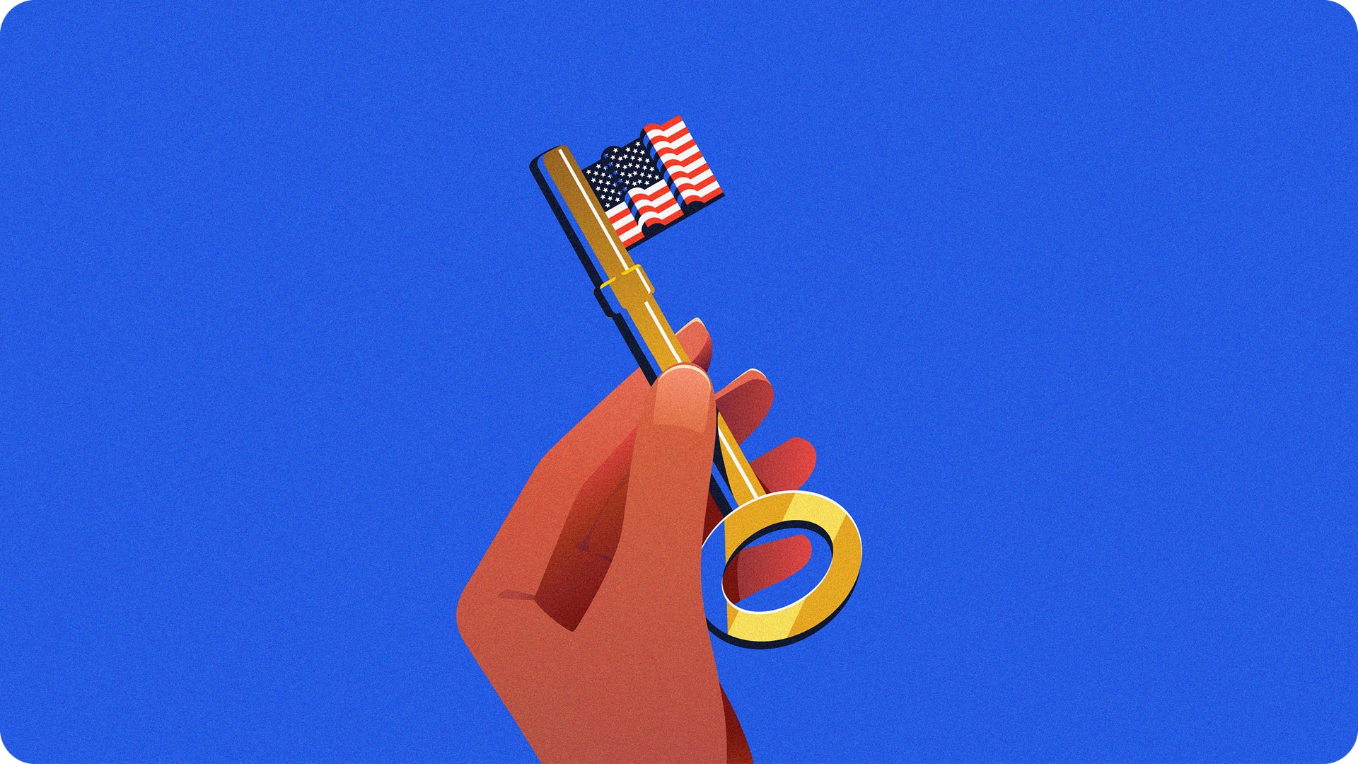 Illustration of hand holding a key with USA flag on it. 