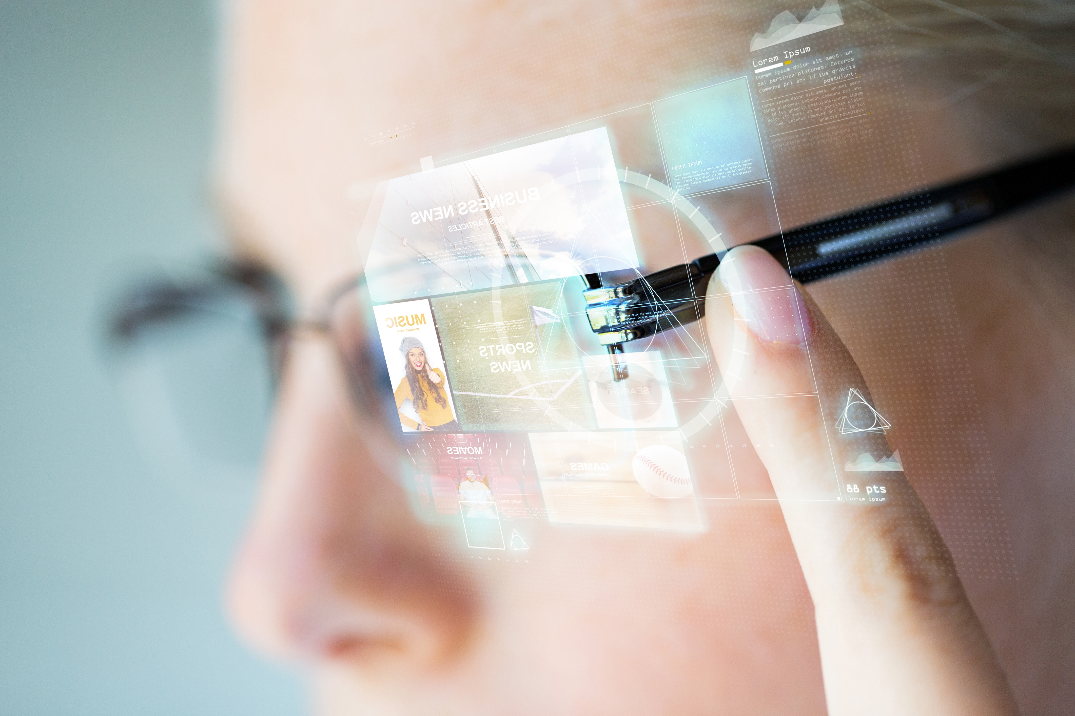 A closeup of a person operating smart AI glasses with holographic screens. 