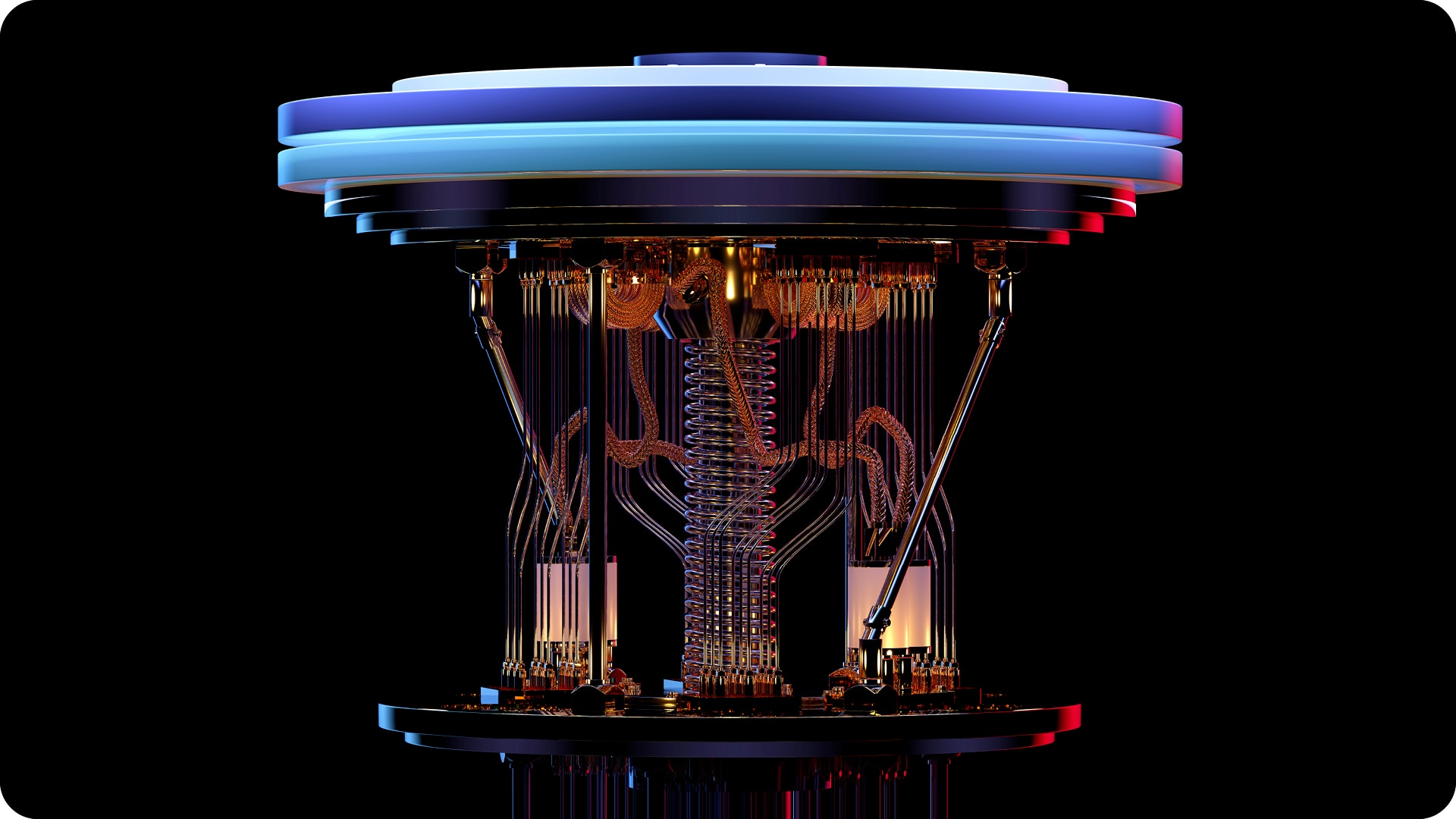 Image if the inner working is quantum computer cooling and wiring architecture, 