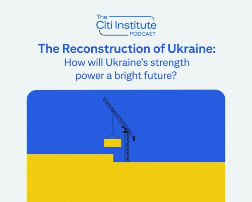 The Citi Institute podcast, episode title and image in blue and yellow
