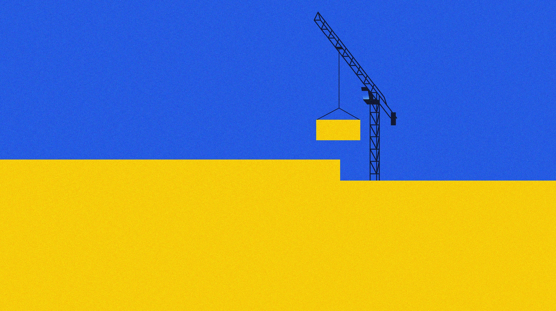 construction crane with a yellow block on a blue and yellow background
