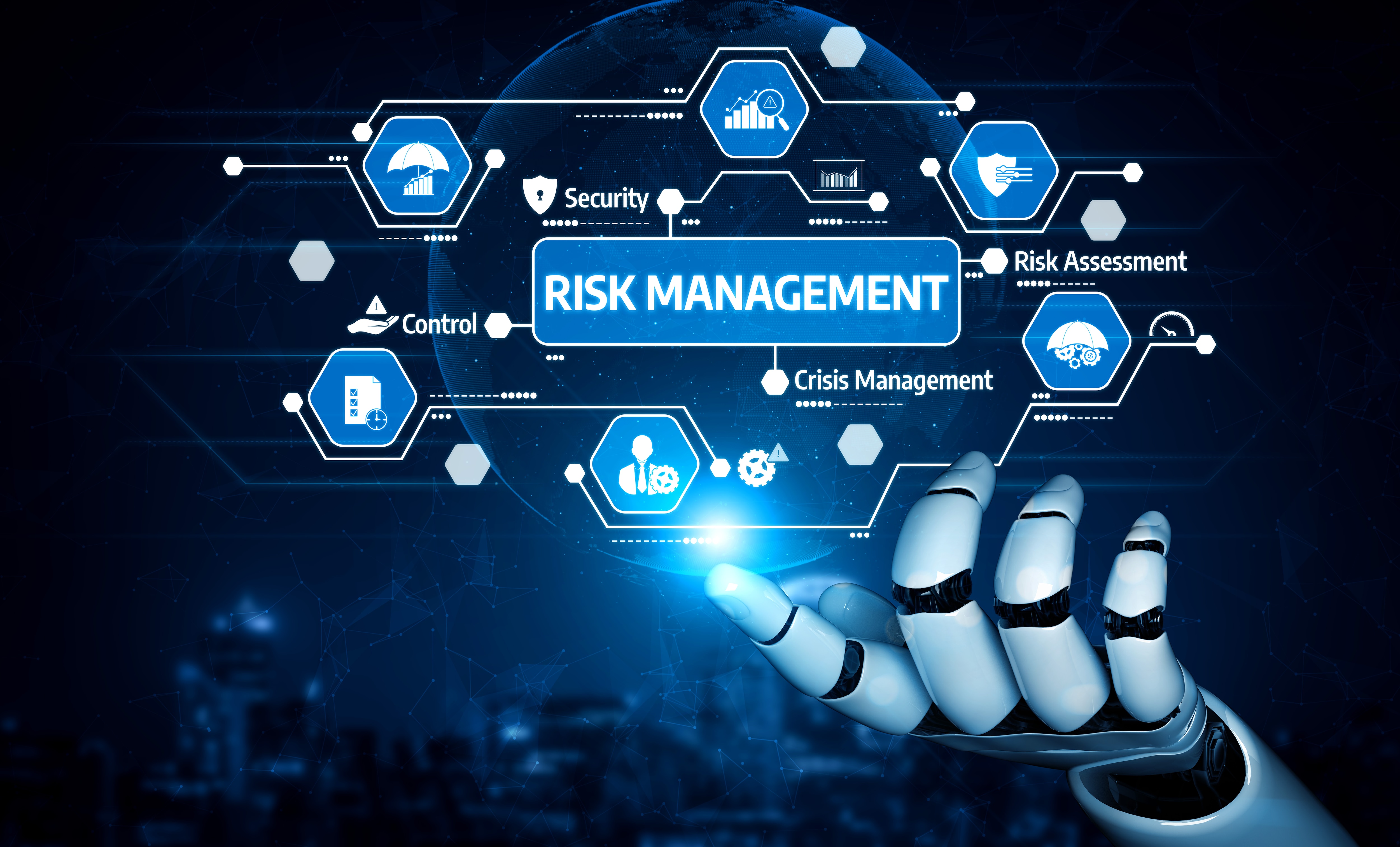 robotic arm pointing to text that says Risk Management 