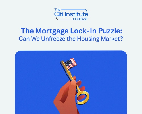 The Mortgage Lock-in Puzzle-Can We Unfreeze the Housing Market? title,  The Citi Institute Podcast logo, Image with a door key and American flag.


