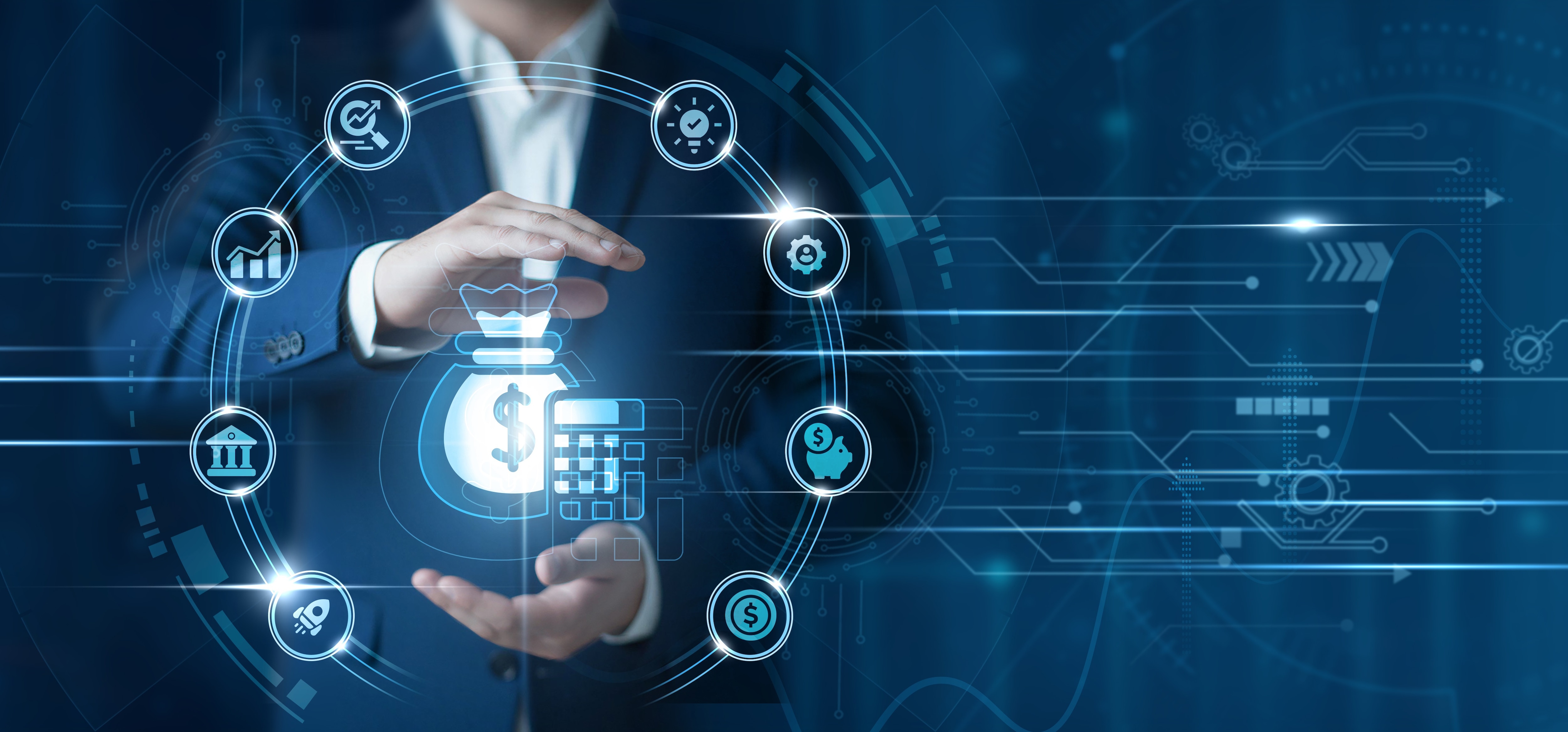 Image of man holding hologram of money bag and calculator