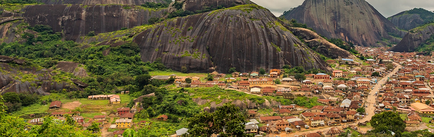 Nigeria landscape with houses and mountains