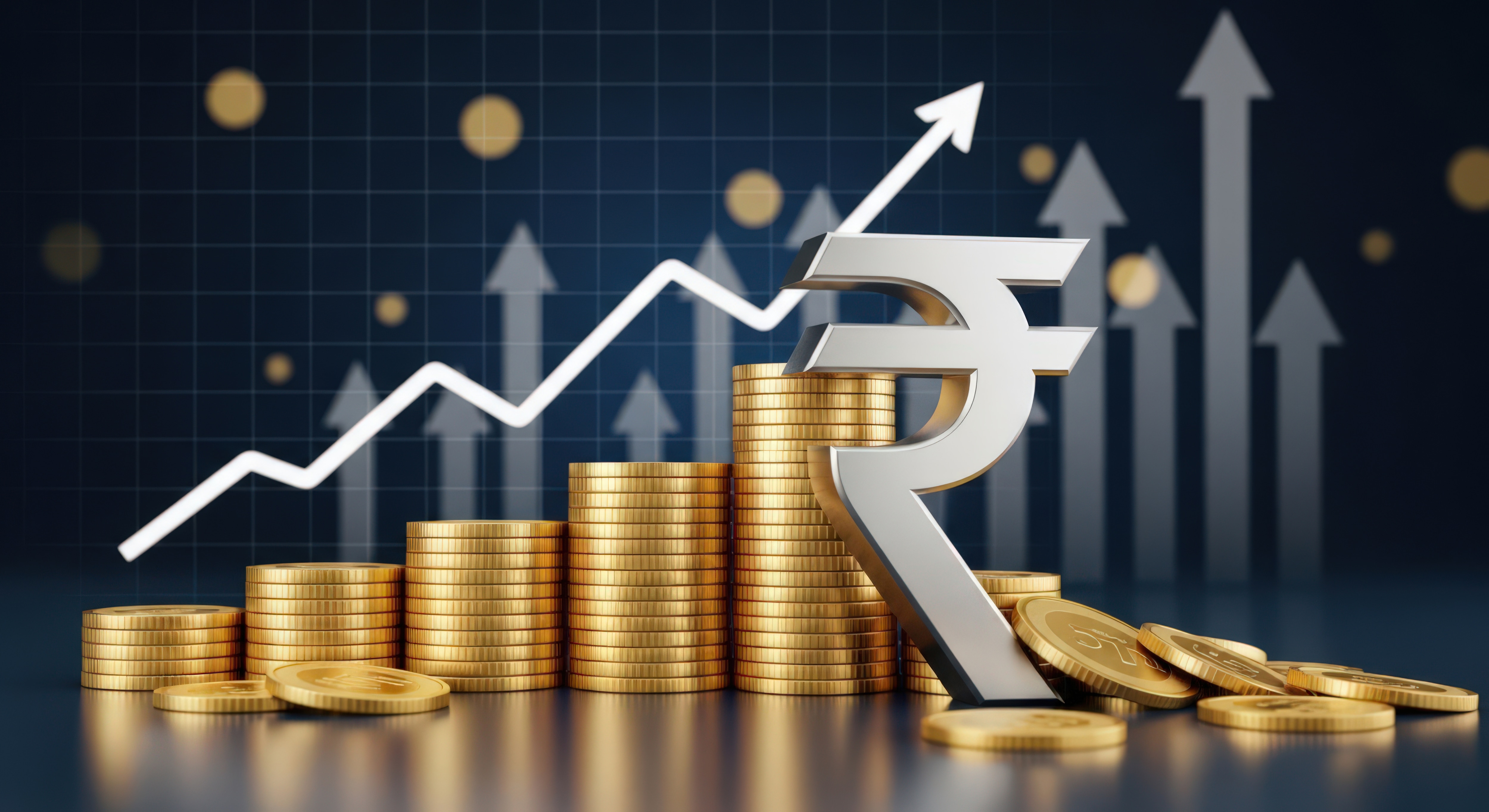 AI image of chart with trajectory going upwards and coins stacked and Indian rupee sign