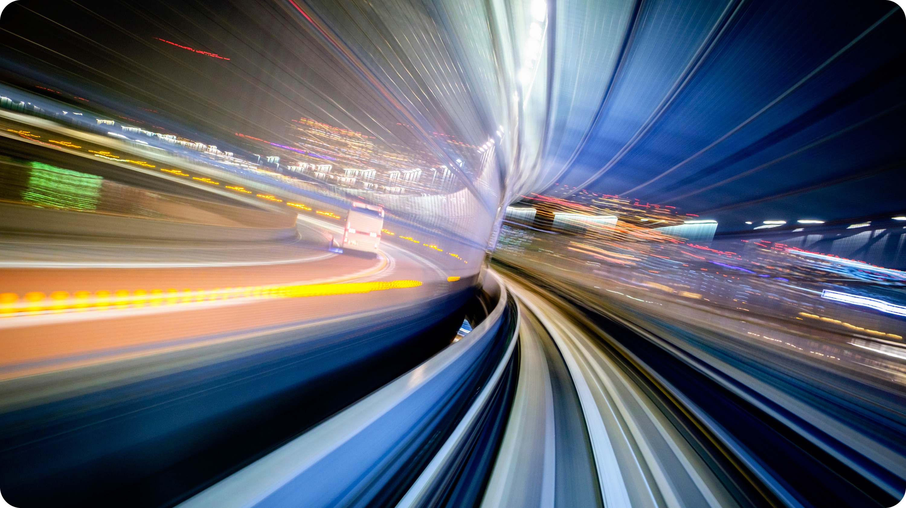 Image from drivers seat of car moving fast