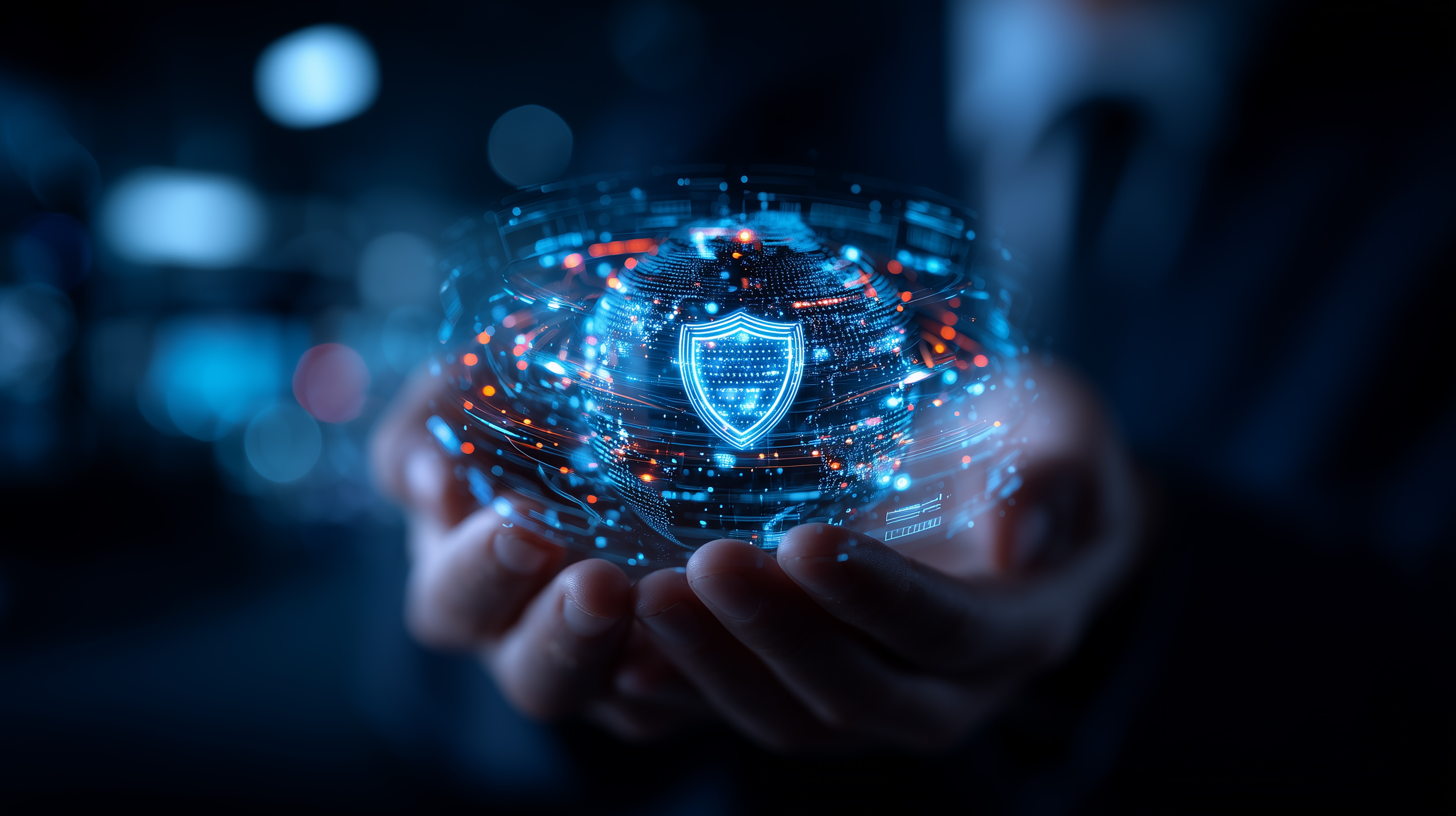 Global information security sphere protected by rotating digital shield within business hands.