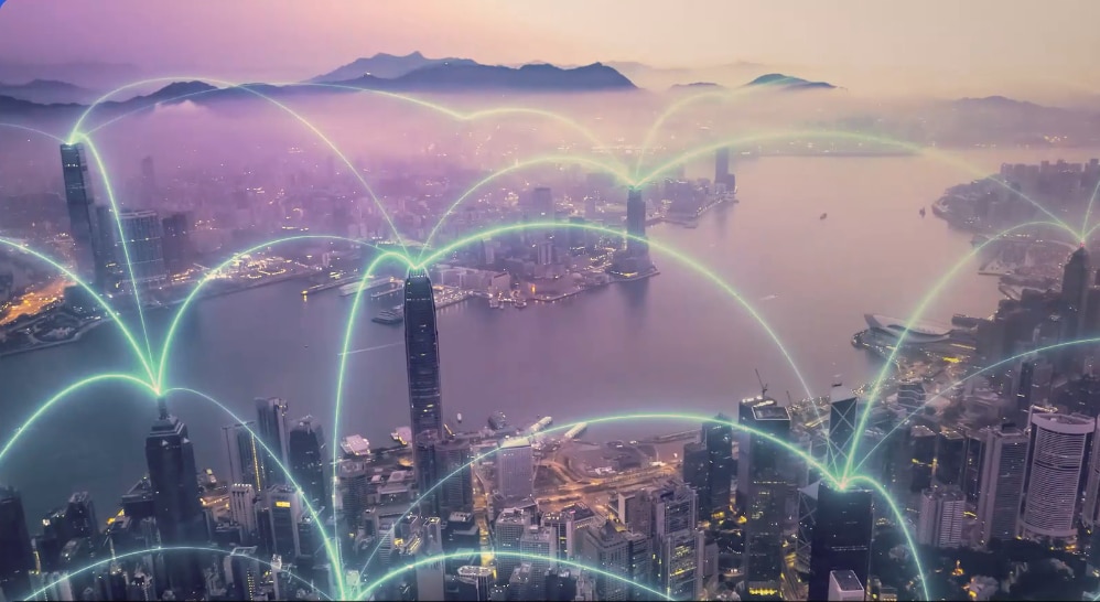 Image of skyline with digital connections from building to building