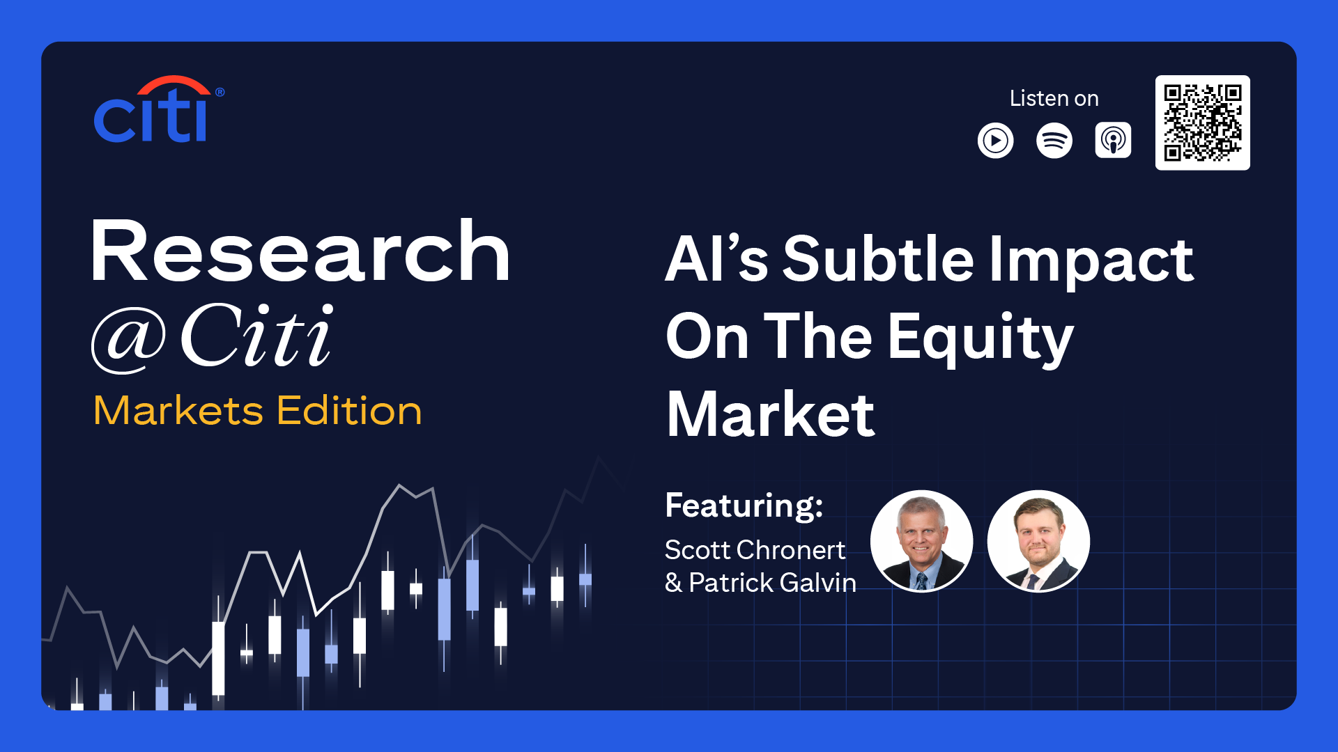 Research @ Citi Podcast Markets Edition featuring Scott Chronert and Patrick Galvin with title AI's Subtle Impact on the Equity Market. 