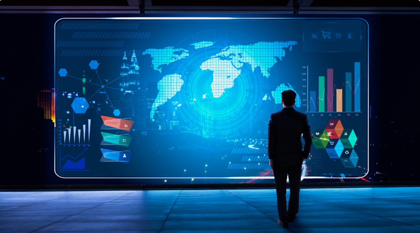 graphic of man looking at a large screen with metrics