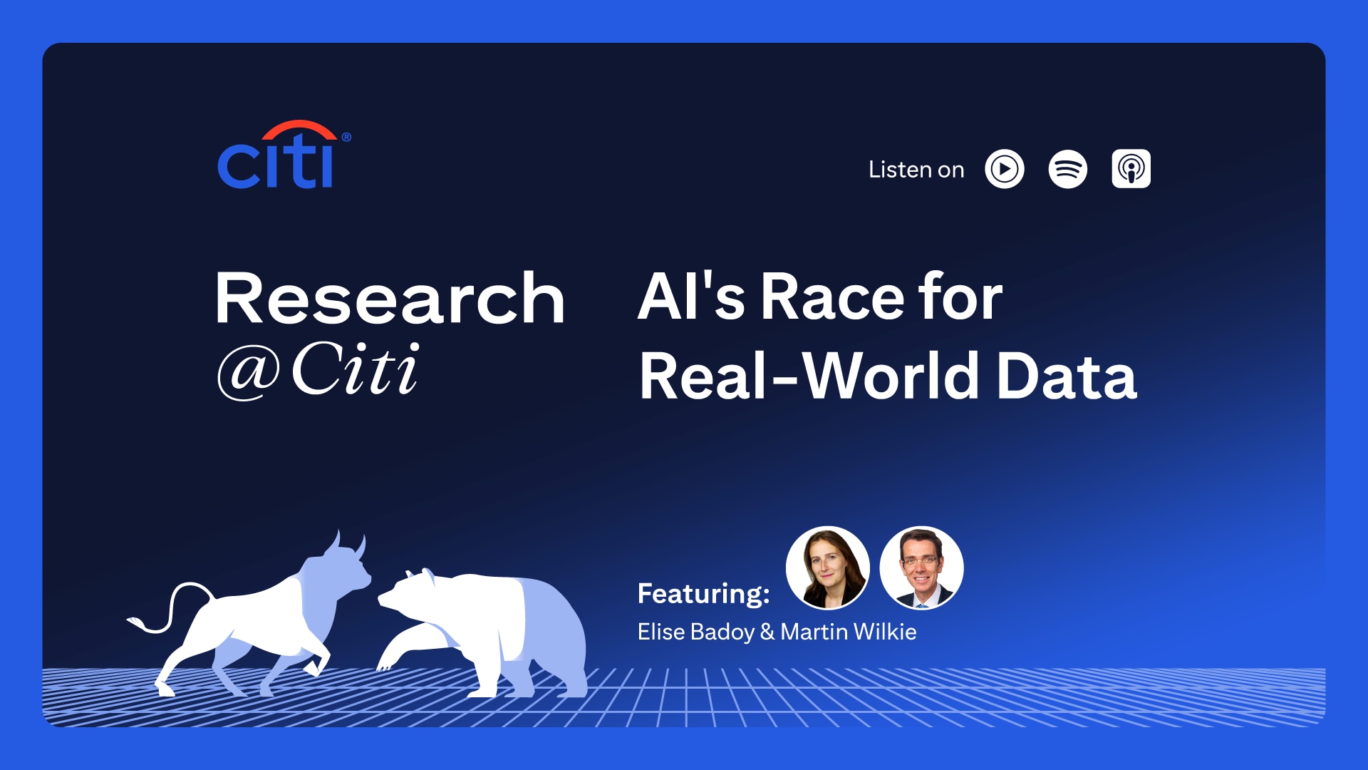 Podcast Thumbnail with title AI's Race for Real-World Data and  headshots of Elise Badoy and Martin Wilkie 