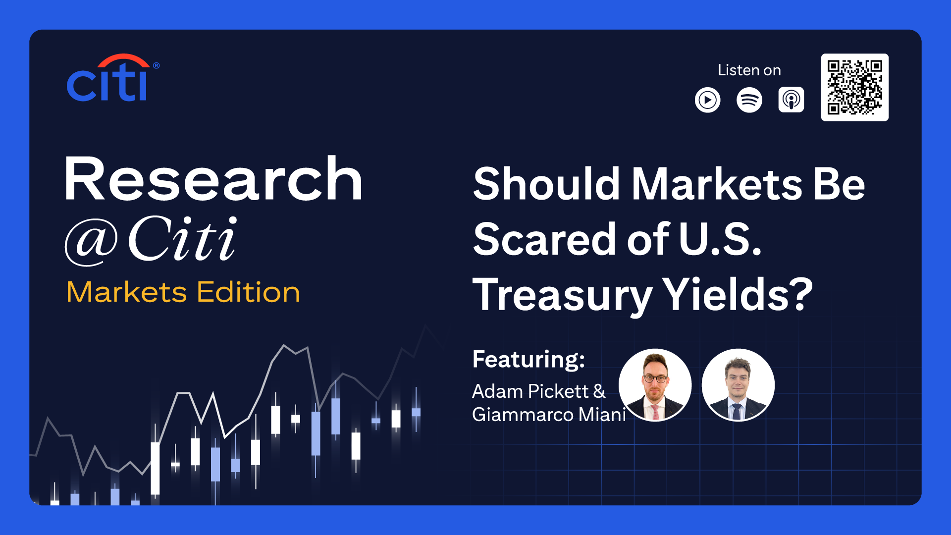 Thumbnail with title -Research @ Citi Markets Edition Should Markets Be Scared of U.S. Treasury Yields? headshots of Adam Pickett and Giammarco Miani
