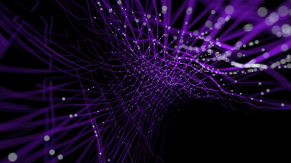 Abstract purple network lines and connected points flowing across a dark background.