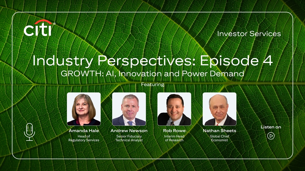 Promotional graphic for Industry Perspectives Episode 4 featuring the topic “Growth: AI, Innovation and Power Demand" and four speaker headshots.